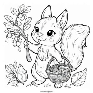Squirrel Coloring Page Holding Stick And Wearing Basket For Collecting Nuts