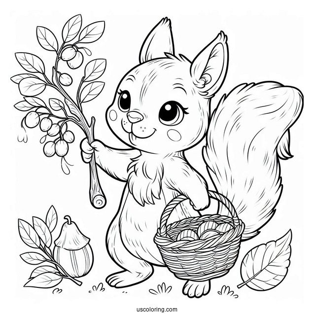 Squirrel Coloring Page Holding Stick And Wearing Basket For Collecting Nuts