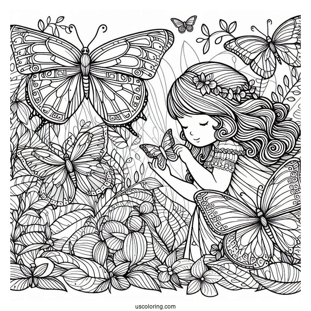 Large Butterflies In A Secret Garden With Little Girl