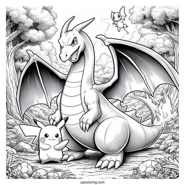 Realistic Charizard With Pikachu In The Forest Coloring Sheet