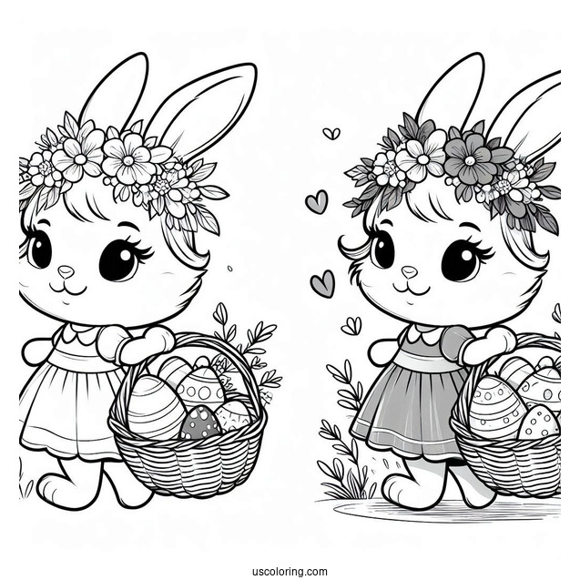 Easter Bunny Coloring Page Carrying Basket With Eggs For Kids