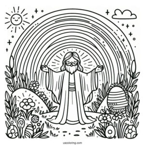 Easter Coloring Page Of He Is Risen With Rainbow For Kids
