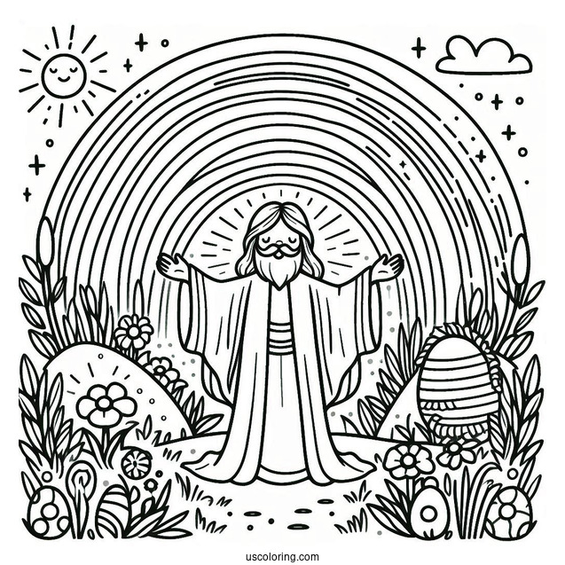 Easter Coloring Page Of He Is Risen With Rainbow For Kids