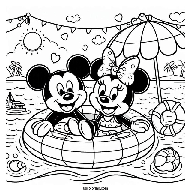 Swimming Coloring Page Of Mickey Mouse And Minnie Mouse On An Inflatable At The Beach