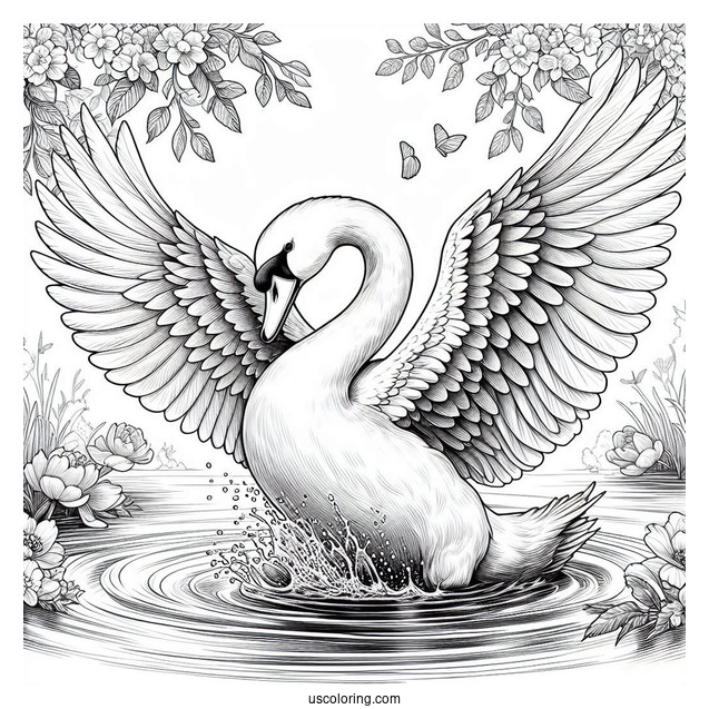 Realistic Adult Swan Coloring Page Slapping Wings In Pond