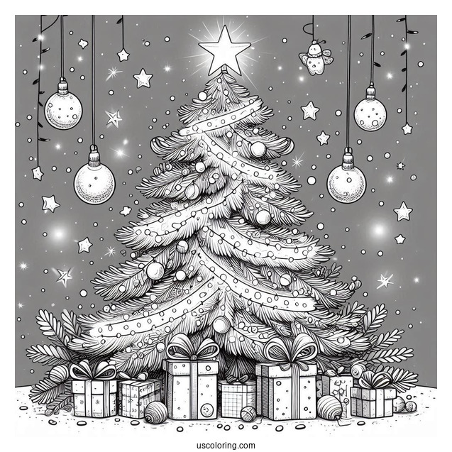 Christmas Tree With Light, Tinsel And Presents