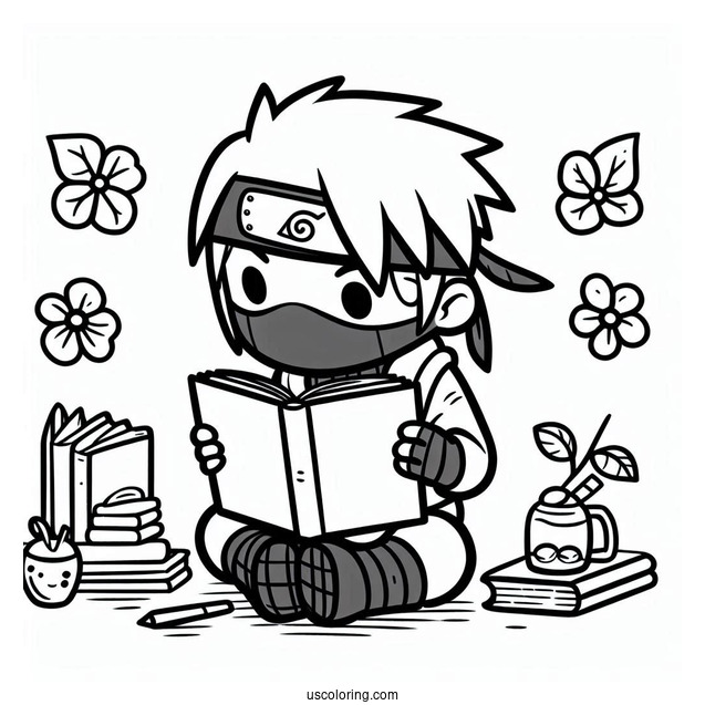 Cute Chibi Kakashi Coloring Page Reading Icha Icha Book For Preschoolers
