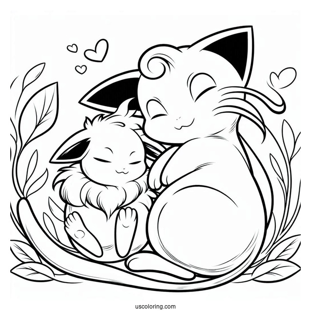 Mew Coloring Page Cuddling With Eevee
