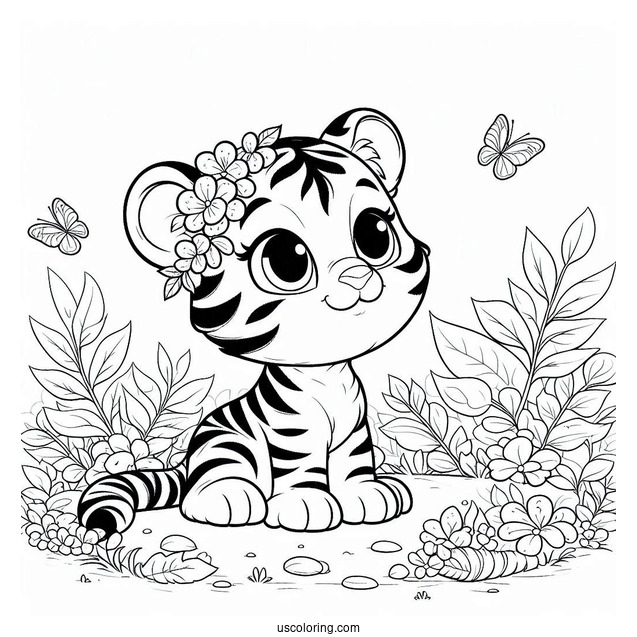 Young Tiger In The Jungle Coloring Page For Kids