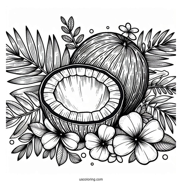 Open Coconut Coloring Page With Leaves And Flowers