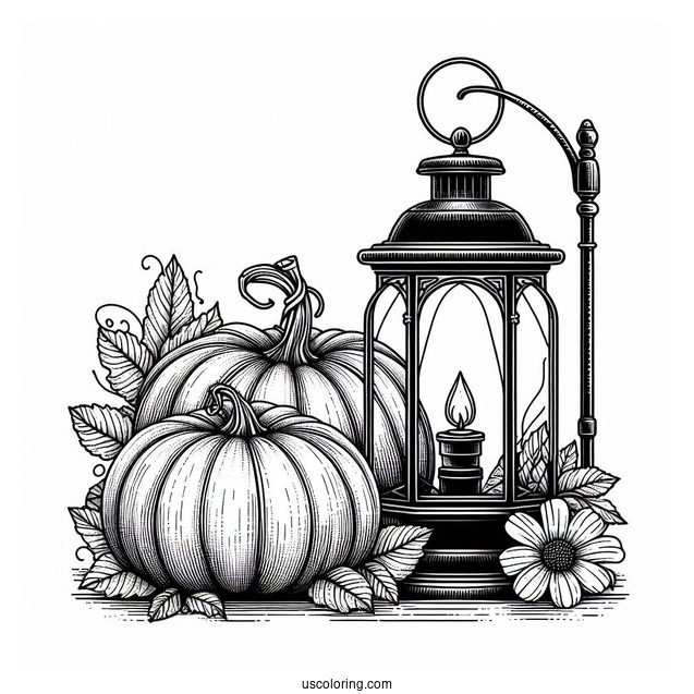 Pumpkin Coloring Page Beside A Vintage Lamp