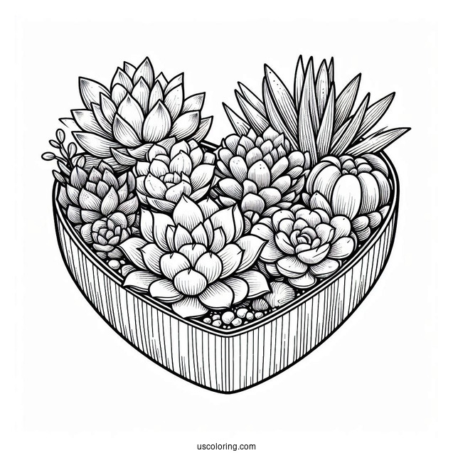 Various Succulent Coloring Page In A Heart Shaped Container