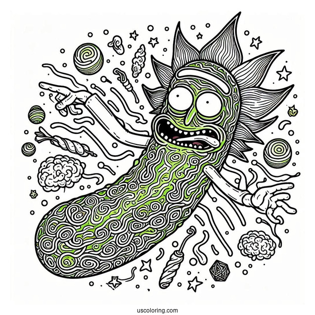 Detailed Trippy Pickle Rick Coloring Picture