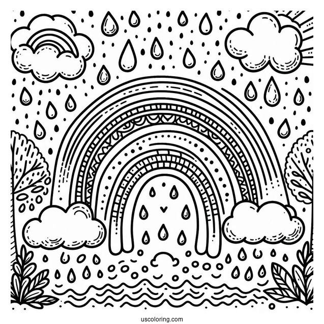 Rain Coloring Page Of Raindrops And Rainbows For Preschoolers