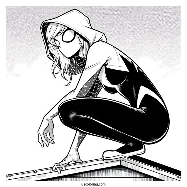 Spider-Gwen Coloring Page Crouched On The Edge Of A Roof