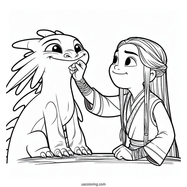 Raya And The Last Dragon Coloring Page Of Raya Tickling Sisu s Chin For Kids