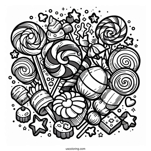 Delicious Candy And Lollipops Coloring Sheet