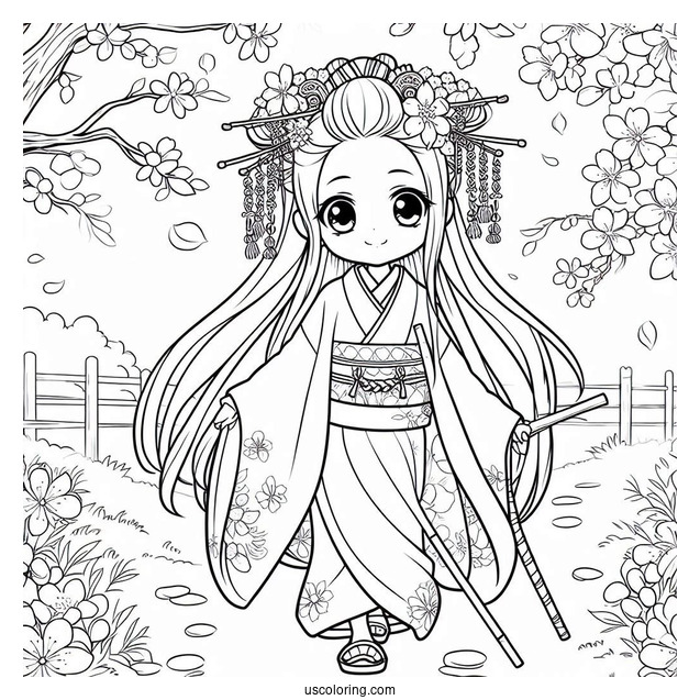 Nezuko Coloring Page Walking In Garden With Cherry Blossoms