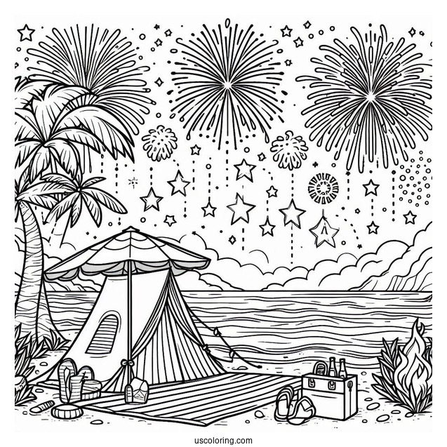 Summer Coloring Page Of Beach Camping With Fireworks In The Sky