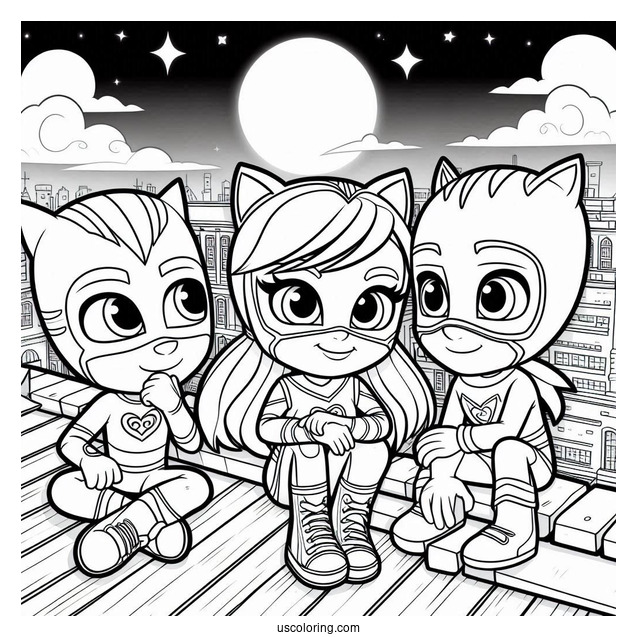 PJ Masks Coloring Page Of Luna Girl, Romeo, And Night Ninja On Rooftop At Night