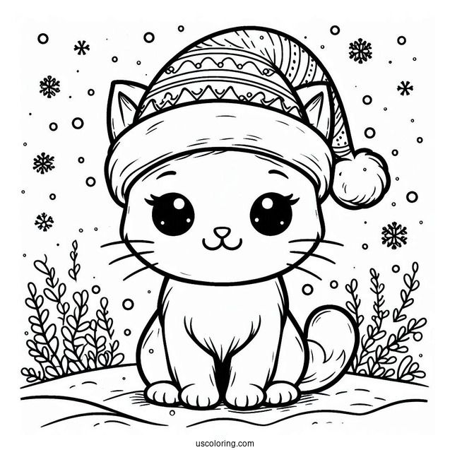 Cute Cat Wearing Santa Hat On Snowy Day