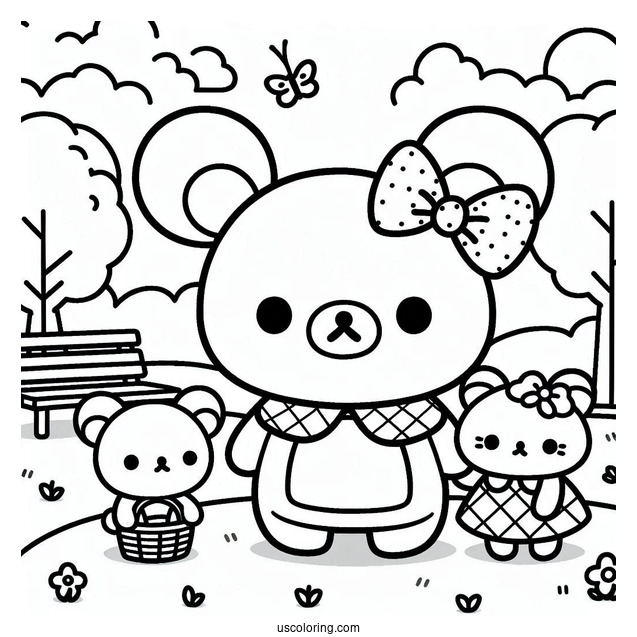 Rilakkuma Coloring Page At The Park With Korilakkuma, Kiiroitori, And Chairoikoguma