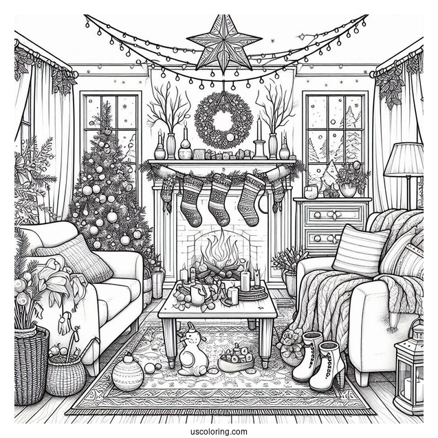 Christmas Coloring Pages For Adults Of Detailed Cozy Christmas Living Room