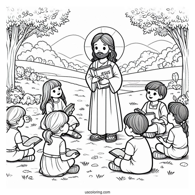 Boys And Girls Listening To Jesus Coloring Page