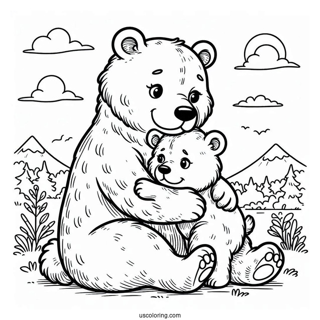 Easy Bear Cub Hugging Mama Bear Coloring Page