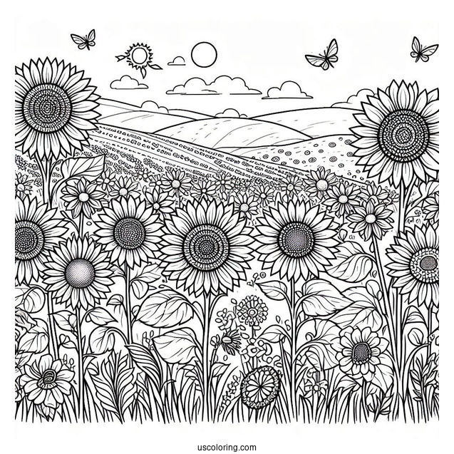 Field Of Sunflowers Coloring Page