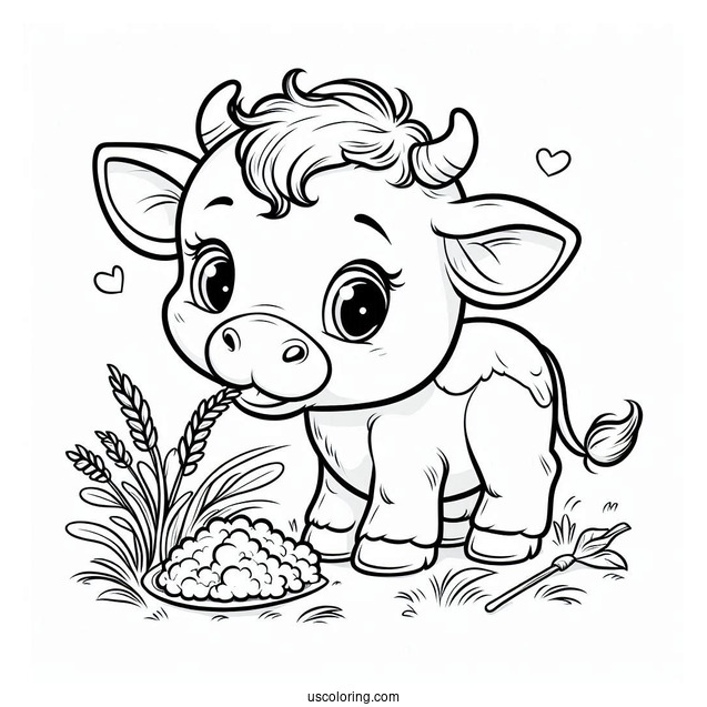 Happy Baby Cow Eating Grass Coloring Sheet