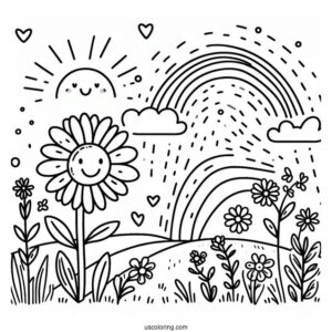 Spring Coloring Page Sun, Rainbow And Flower Field For Preschoolers