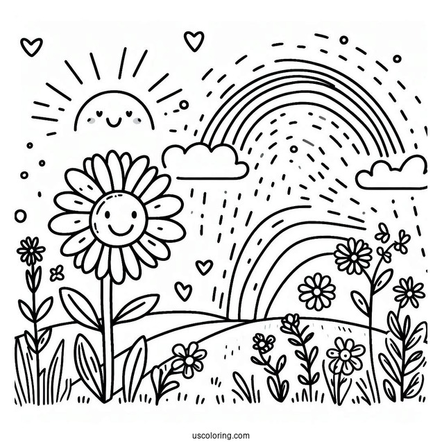 Spring Coloring Page Sun, Rainbow And Flower Field For Preschoolers