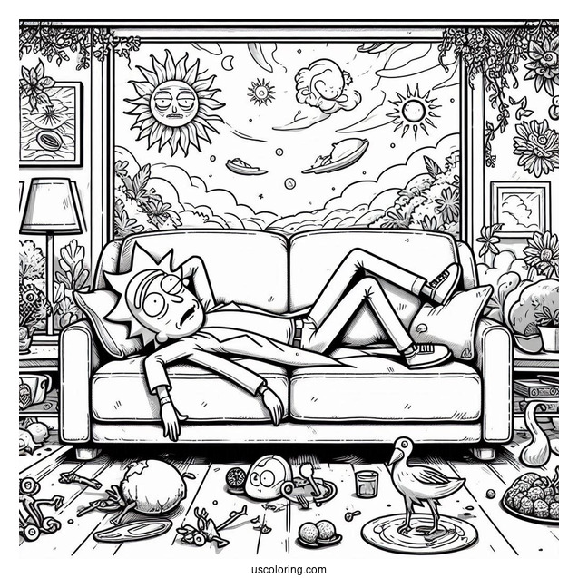 Rick and Morty Coloring Page Of Summer On A Couch Sinking Into The Floor