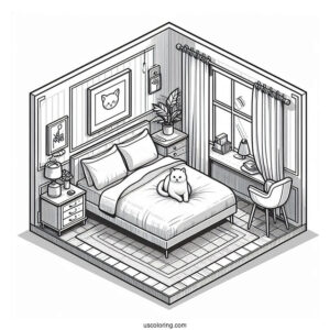 Modern Isometric Bedroom Coloring Page With A Large Cat