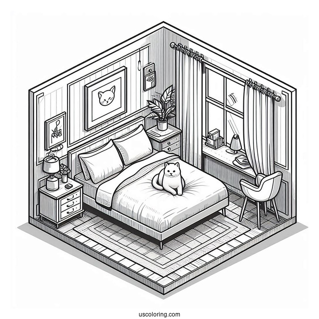 Modern Isometric Bedroom Coloring Page With A Large Cat