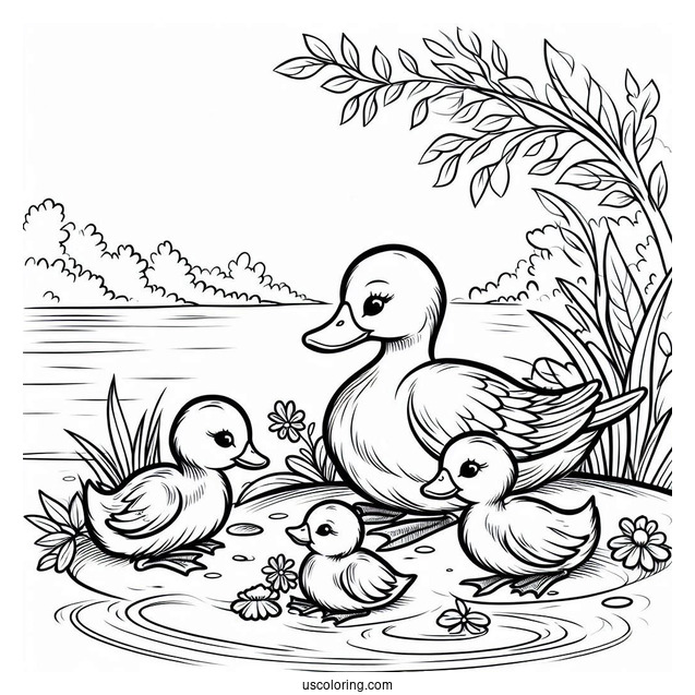 Duck Family Resting Near the Water Coloring Sheet