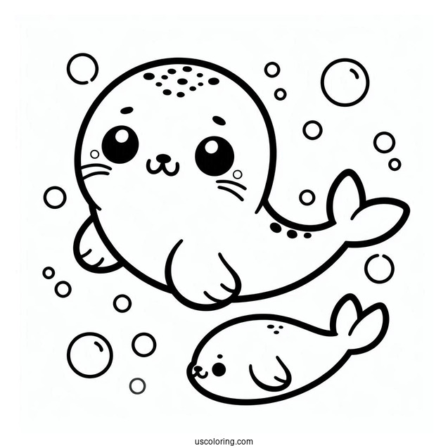 Chibi Cartoon Seal Coloring Page Underwater