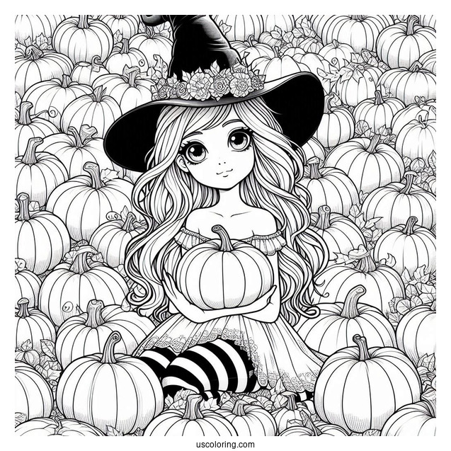 Pretty Witch Surrounded By Numerous Pumpkin Coloring Page