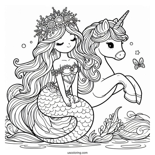 Mermaid Princess Coloring Page Sitting On Unicorn