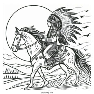 Native American Coloring Page Chief Riding Horse With Sun In The Background