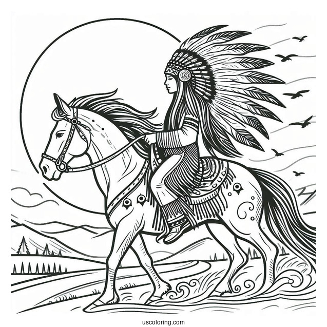 Native American Coloring Page Chief Riding Horse With Sun In The Background