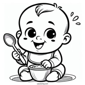 Baby Coloring Page Of Grinning Toddler Holding A Spoon