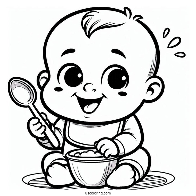 Baby Coloring Page Of Grinning Toddler Holding A Spoon
