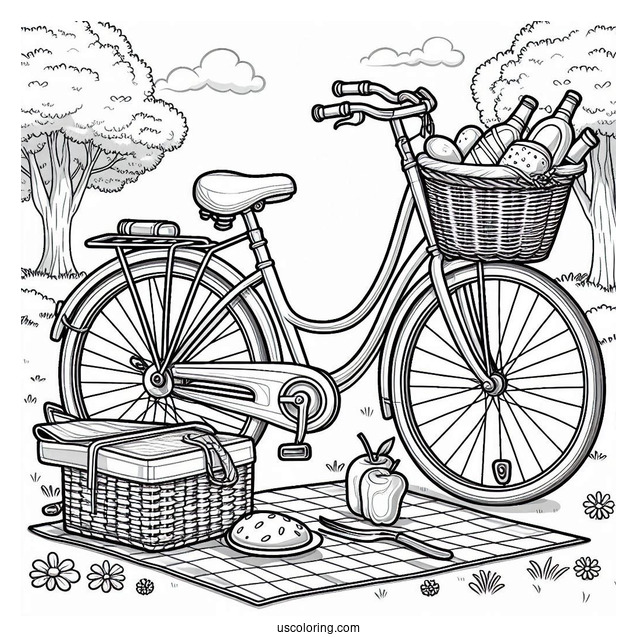 Adult Bicycle Coloring Page Parked Beside Picnic Mat