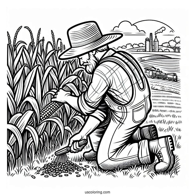 Easy To Color Picture Of Farmer Harvesting Corn
