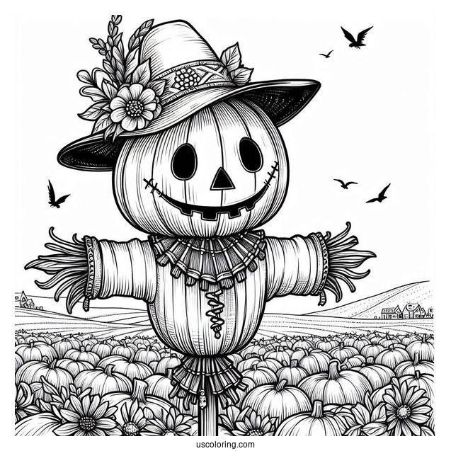 Pumpkin Head Scarecrow Coloring Page On A Vast Field