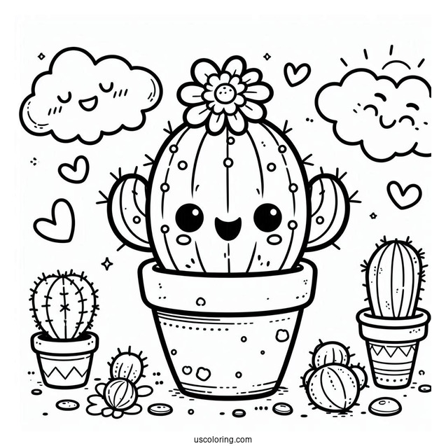 Cute Kawaii Cactus Coloring Page