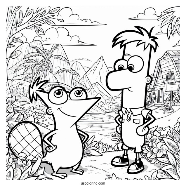 Phineas And Ferb Coloring Page In The Backyard With Perry The Platypus