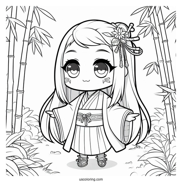 Chibi Nezuko Coloring Page In Bamboo Forest For Preschoolers